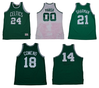 Lot of (5) Boston Celtics Hall of Famers Signed Jerseys: Parish, Cousy, Jones, Sharman & Cowens (Arenas LOA & Beckett)